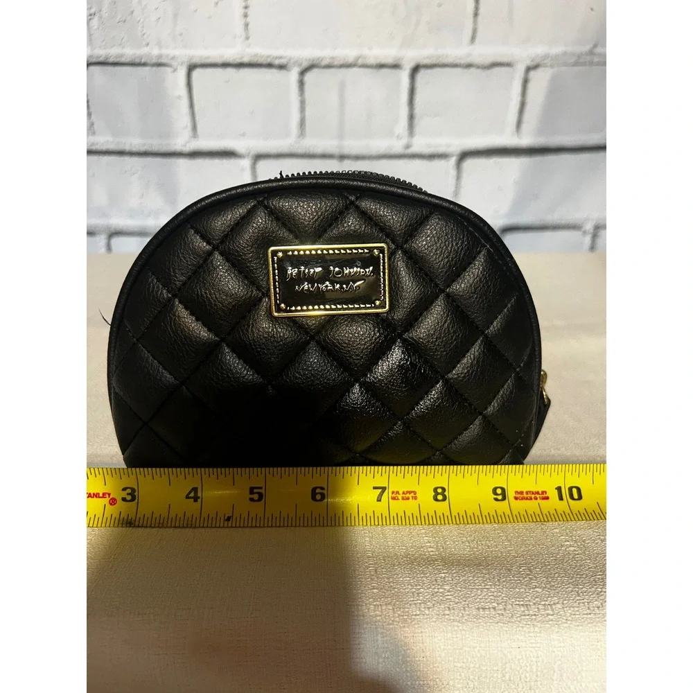 Betsey Johnson Black Quilted Faux Leather Dome Cosmetic Makeup Bag Gold Logo